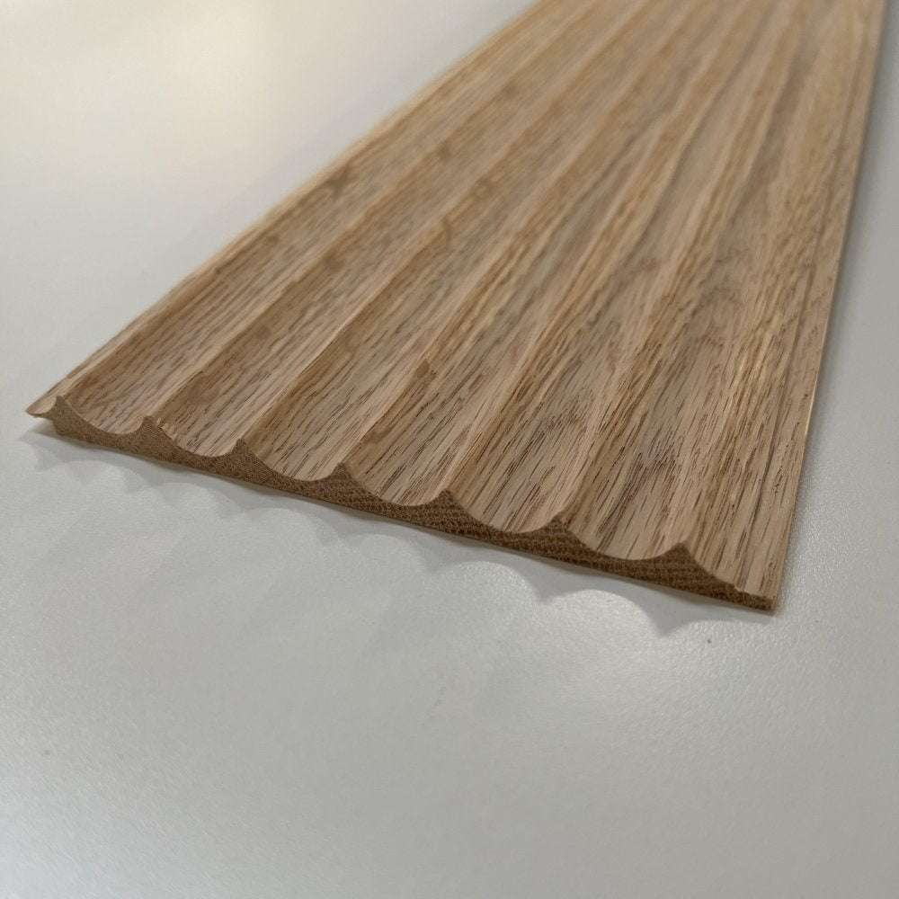 Timeline Fluted Thin Scallop solid wood wall panel showing concave scallop profile spec drawing for fluted tambour slat wall and acoustic wall paneling in real hardwood