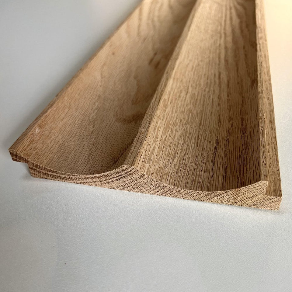 Timeline Fluted Scallop solid wood wall panel showing scallop profile detail as fluted slat wall paneling in red oak